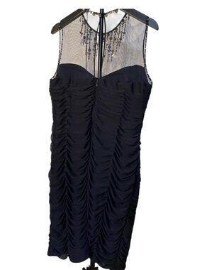 Adrianna Papell Navy Blue Illusion Bodice Ruched BodyCon w Jeweled Sheer Top -14